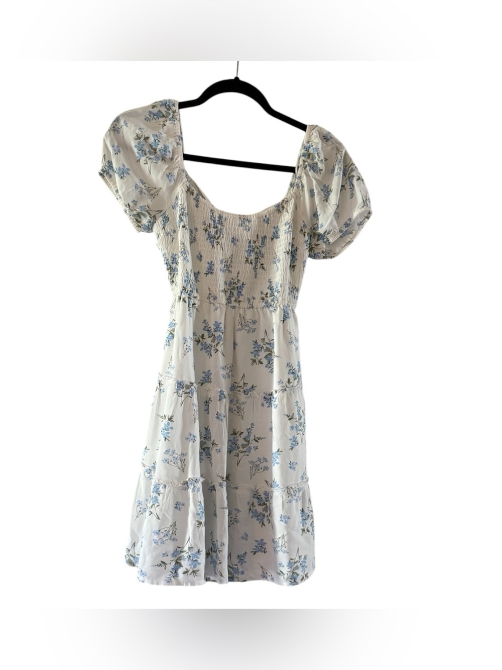 Hollister White Mini Dress with Blue Floral Print - Open, Bow Back